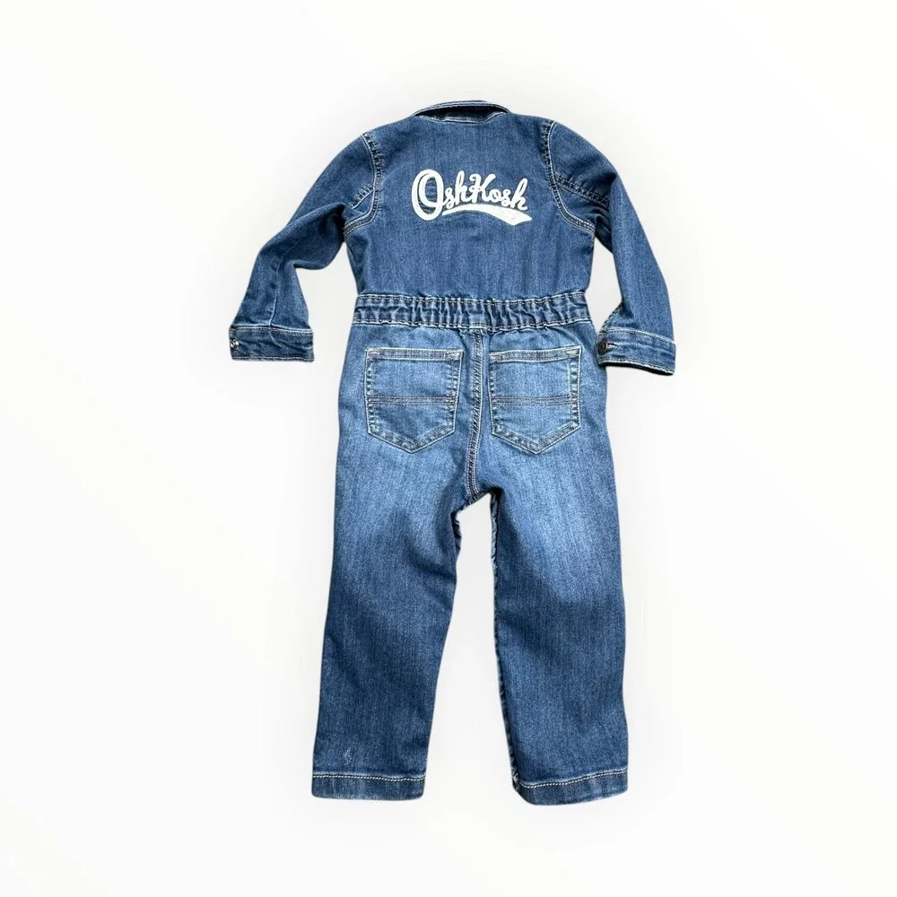 OshKosh Jumpsuit Unisex 24M Blue Denim B'gosh Script Logo Long‎ Sleeve Coverall